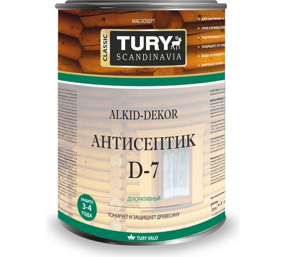 Изображение товара Тонирующий антисептик TURY D-7 Alkid-Dekor бесцветный, 0.8 л 20013155