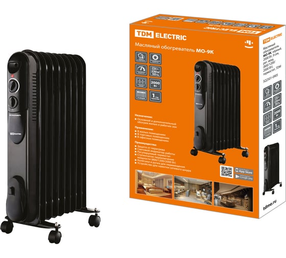 Изображение товара Масляный обогреватель TDM ELECTRIC МО-9К, чёрный, 2000 Вт, регулируемая мощность, термостат, SQ2501-0905