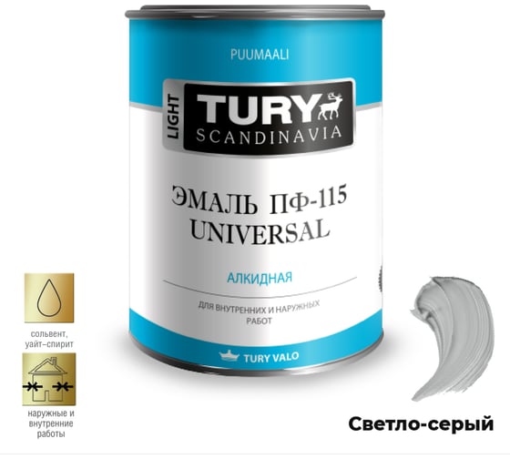 Изображение товара Эмаль TURY ПФ-115 Универсал светло-серая, 0,9 кг 2007228