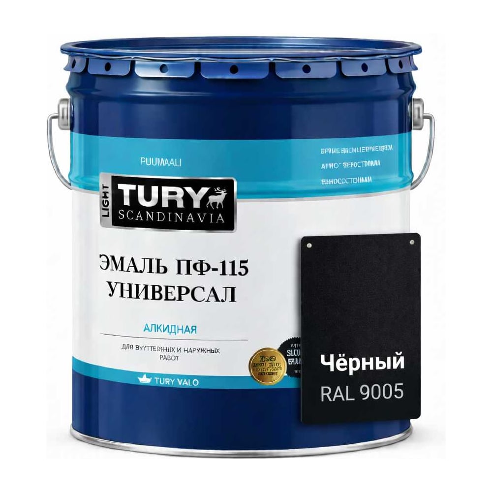 Изображение товара Эмаль TURY ПФ-115 Универсал черная 13 кг алкидная для внутренней и внешней работы
