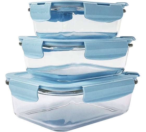 Изображение товара Набор стеклянных контейнеров для хранения продуктов URM 400/600/1000 мл, с пластиковой крышкой, голубые, 3 шт. D01185