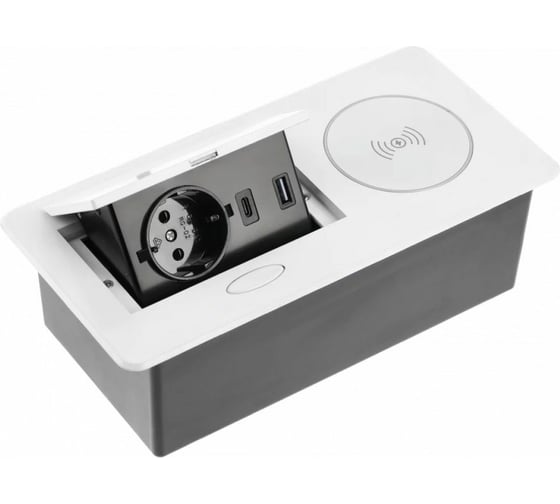 Изображение товара Выдвижной блок розеток GTV выдвижная розетка на 1 EURO розетку и 2 USB-A+C, беспроводная зарядка, белый, AE-PB1SAVAP-10