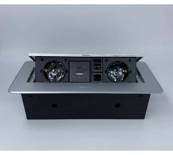 Изображение товара Выдвижной встраиваемый блок розеток Inrior выдвижная розетка, на 2 EURO розетки, 2 RJ45 и 2 USB-A+C, серый, TORO-55-80