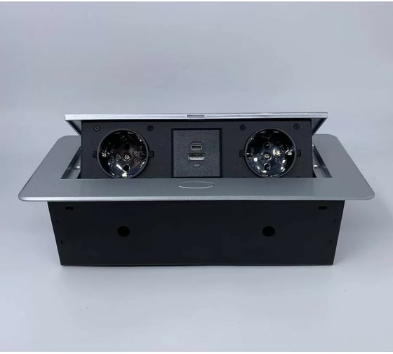 Изображение товара Выдвижной встраиваемый блок розеток Inrior выдвижная розетка, на 2 EURO розетки и 2 USB-A+C, серый, TORO-33-80