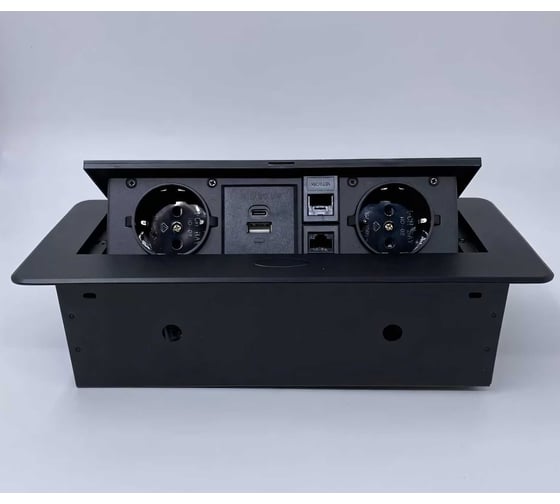 Изображение товара Выдвижной встраиваемый блок розеток Inrior выдвижная розетка, на 2 EURO розетки, 2 RJ45 и 2 USB-A+C, черный, TORO-55-20