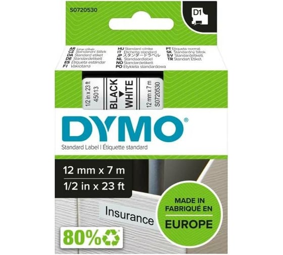 Изображение товара Картридж с лентой Dymo S0720530 12 мм, 7 м, пластик, черный на белой ленте DYMO45013