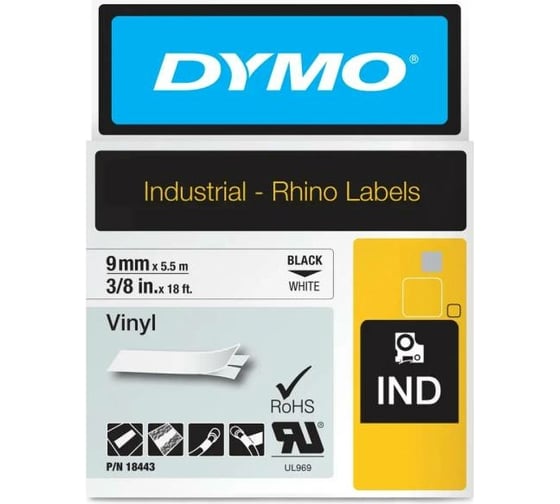 Изображение товара Картридж для маркировки с виниловой лентой Dymo S0718580 9 мм, 5.5 м, черный на белой ленте DYMO18443