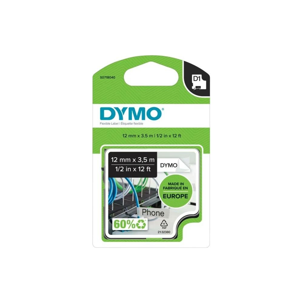 Изображение товара Картридж с нейлоновой лентой Dymo S0718040 12 мм, 3,5 м, черный на белой ленте DYMO16957