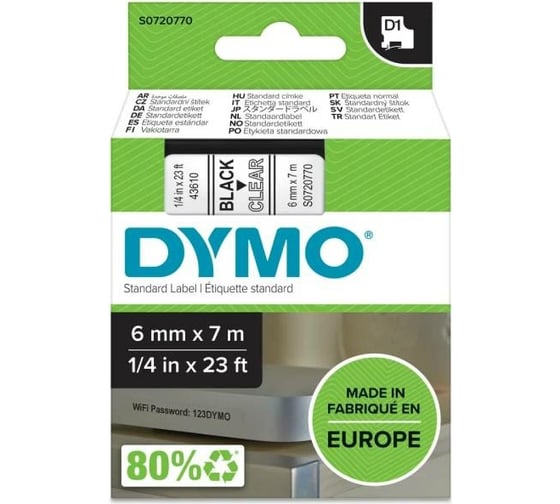 Изображение товара Картридж с лентой Dymo S0720770 6 мм, 7м, пластик, черный на прозрачной ленте DYMO43610