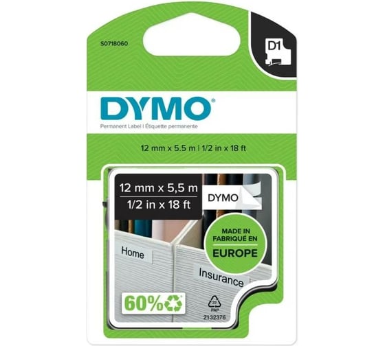 Изображение товара Картридж с полиэст. лентой Dymo S0718060 12 мм, 5,5 м, черный на белой ленте DYMO16959