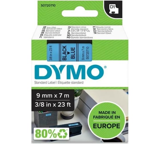 Изображение товара Картридж с лентой Dymo S0720710 9 мм, 7 м, пластик, черный на голубой ленте DYMO40916