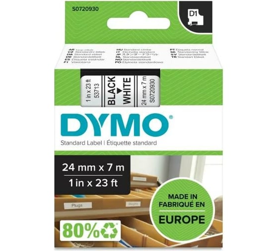Изображение товара Картридж с лентой Dymo S0720930 24 мм, 7 м, пластик, черный на белой ленте DYMO53713