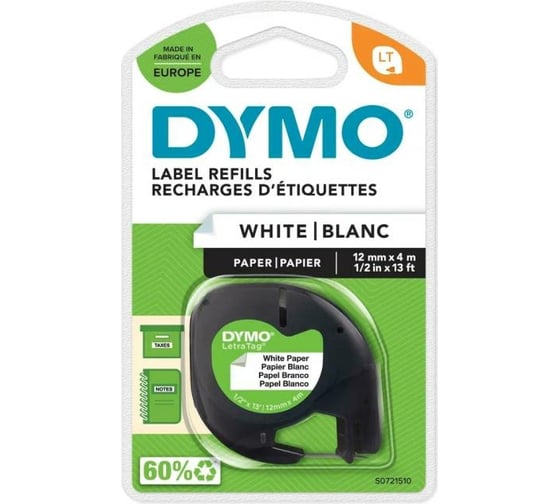 Изображение товара Лента Dymo S0721510 для LetraTag 12 мм, 4 м, бумажная, белая, в блистере DYMO91220