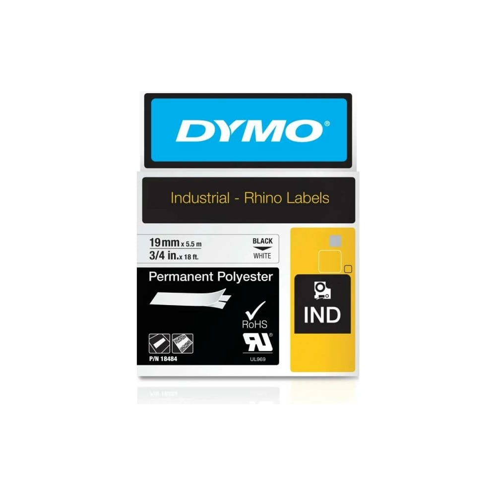 Полиэстерная лента с постоян. клеем Dymo 19 мм, 5.5 м, выдерживает экстрем. темп-ры, черн. на бел. DYMO18484