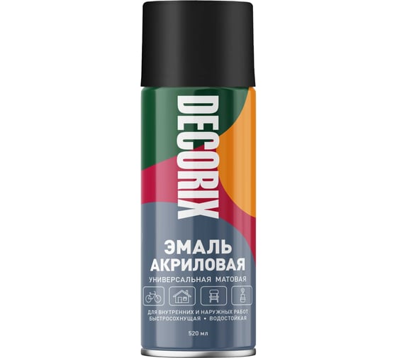 Изображение товара Аэрозольная универсальная эмаль Decorix (акриловая; черный; матовый; 520 мл) 0101-02 DX