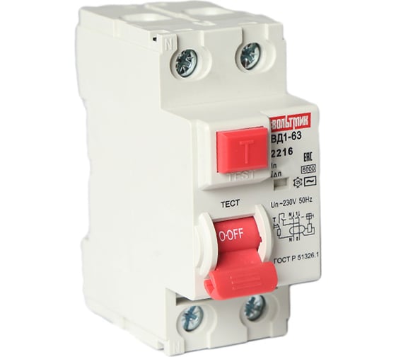 Изображение товара Устройство защитного отключения ВТМ (S) УЗО ВД1-63, 6кА, 2Р, 32А, 30мА ВТМ00041895