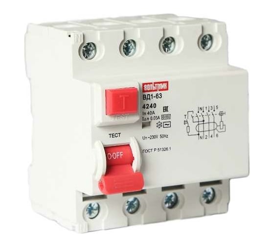 Изображение товара Устройство защитного отключения ВТМ (S) УЗО ВД1-63, 6кА, 4Р, 40А, 30мА ВТМ00041901