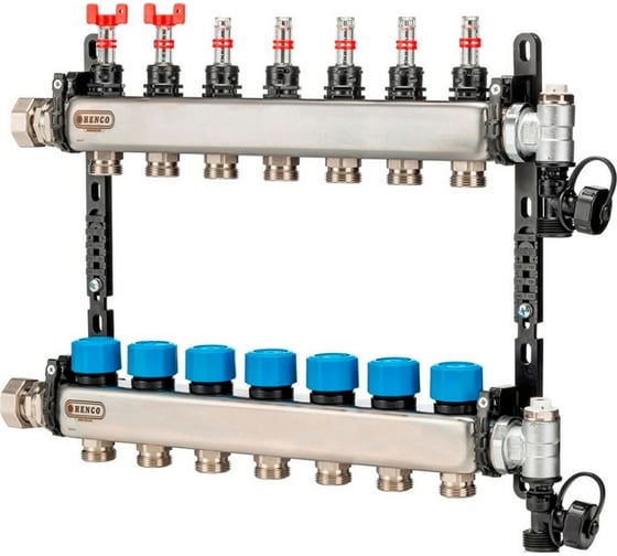Изображение товара Коллектор HENCO из нержавеющей стали, расходомер, воздухоотводчик, дренаж, клапан, 1"-7x3/4" UFH-0605MDSS07