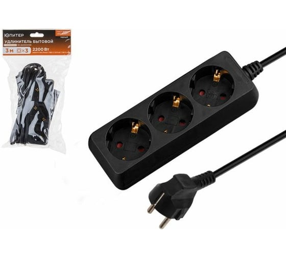 Изображение товара Удлинитель ЮПИТЕР 3 м 3 розетки 2,2 кВт с заземлением черный JP8102-29