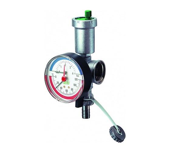 Изображение товара Хромированный узел FAR 1 1/4"ВР-ВР с автоматическим воздухоотводом, с термоманометром 0-4 бар, 0-120 С и сливным к FK 3442 114