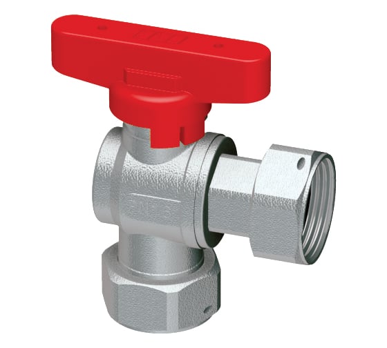 Изображение товара Шаровой кран FAR хром, 3/4" накидные гайки, бабочка, красный, угловой FS 3099 34RC