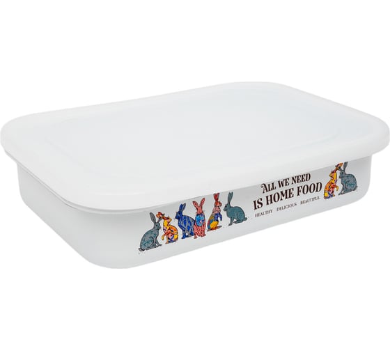 Изображение товара Эмалированный лоток appetite Зайцы 1.5 л прямоугольный, пластиковая крышка 2508/4 Зайцы