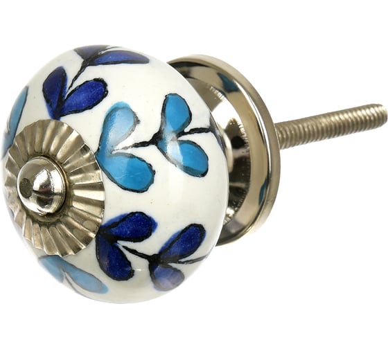 Изображение товара Керамическая ручка для мебели Blumen Haus Люпин ручная роспись, цвет белый, рисунок голубой 66023