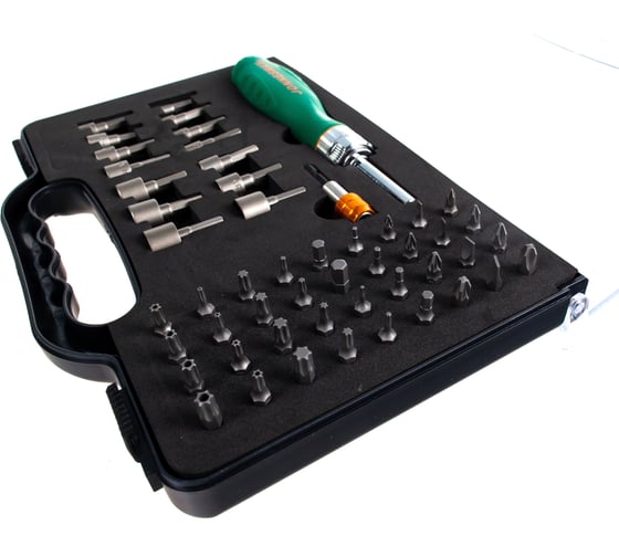 Изображение товара Трещоточная отверточная рукоятка с набором бит и насадок Jonnesway DR0152S