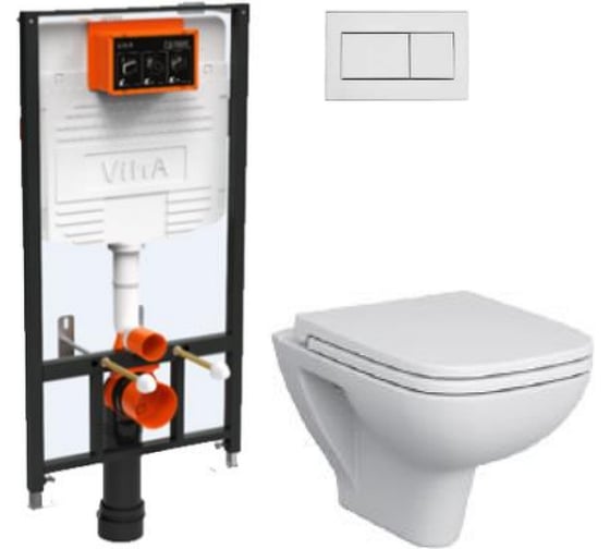 Изображение товара Комплект: безободковый подвесной унитаз, сиденье дюропласт, инсталляция и кнопка Vitra S20 с микролифтом 9004B003-7207