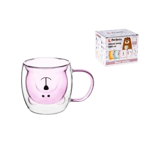 Изображение товара Стеклянная кружка PERFECTO LINEA Bear с двойными стенками, 250 мл, розовая 30-125204