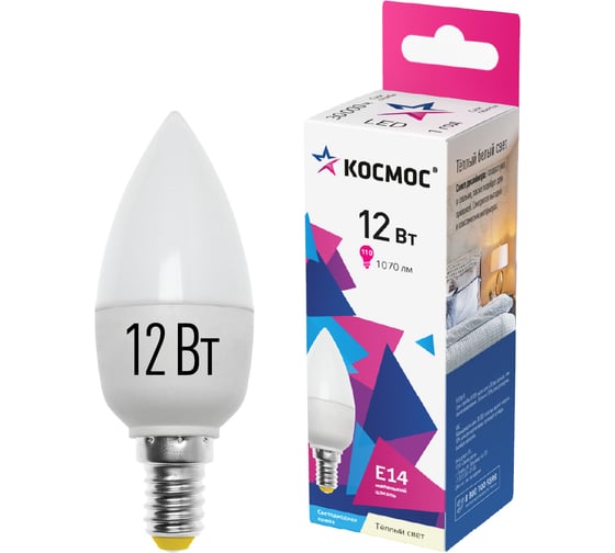 Изображение товара Светодиодная лампа КОСМОС LED 12Вт Свеча 220В E14 3000K LkecLED12wCNE1430