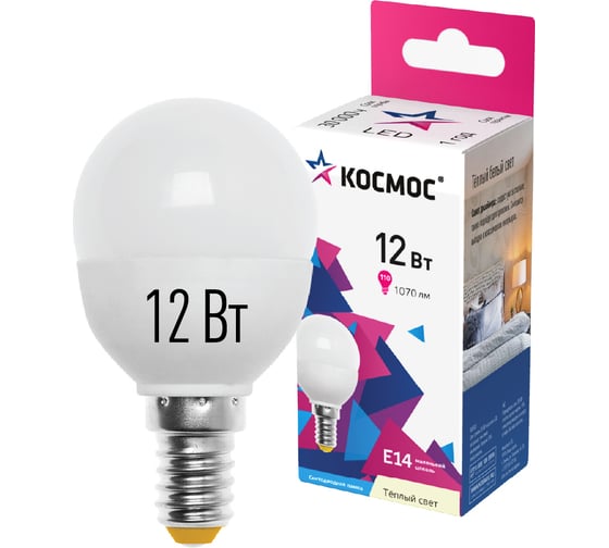 Изображение товара Светодиодная лампа КОСМОС LED 12Вт Шар 220В E14 3000К LkeLED12wGL45E1430