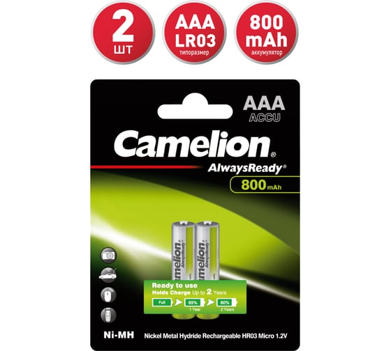 Изображение товара Аккумулятор AAA- 800mAh Ni-Mh Always Ready BL-2, 1.2В Camelion, 7965