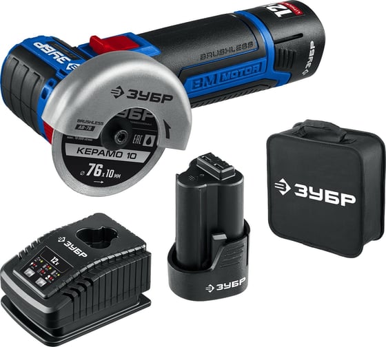 Изображение товара Бесщеточная угловая шлифмашина ЗУБР Профессионал 12 В, 2 АКБ, в сумке AB-76-22