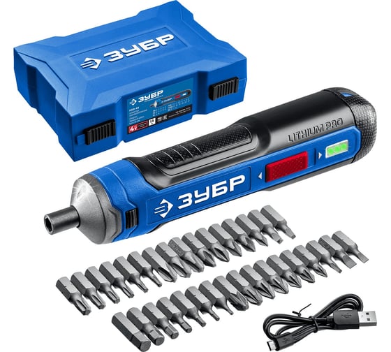 Изображение товара Аккумуляторная отвертка ЗУБР Профессионал 4 Vmax, в кейсе с набором 33 бит PSD-4S
