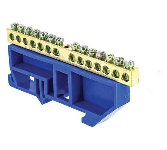 Изображение товара Шина EKF "0" N (6x9мм) 14 отверстий, латунь, синий изолятор на DIN-рейку, коробка (20 шт) PROxima sn0-63-14-d
