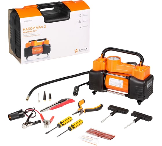 Изображение товара Двухпоршневой компрессор AIRLINE X5 с комплектом инструмента, 2 отвертки, ремкомплект для бескамерных шин, нож, плоcкогубцы CA-020-01NR