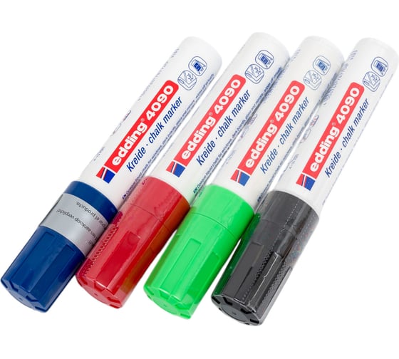 Изображение товара Набор меловых маркеров EDDING 4090, смываемые, скошенный наконечник, 4-15 мм, 4 цвета, 4 шт. E-4090#4S