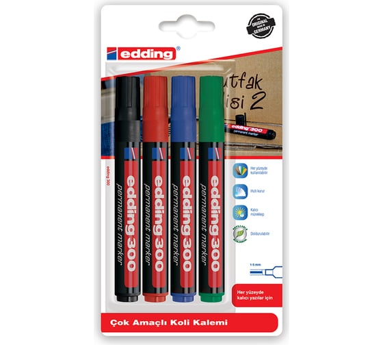 Изображение товара Набор пермаментных маркеров EDDING 300, круглый наконечник, 1.5-3 мм, 4 штуки 4 цвета E-300#4S