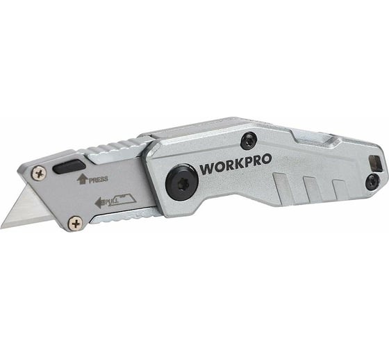 Изображение товара Складной быстросменный нож WORKPRO алюминиевый, трапециевидное лезвие WP211010