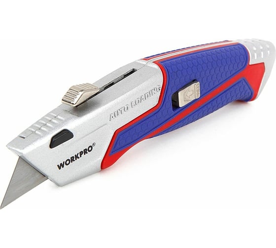 Изображение товара Строительный нож WORKPRO выдвижной, с автоматической подачей, 5 лезвий, трапециевидные лезвия WP213012