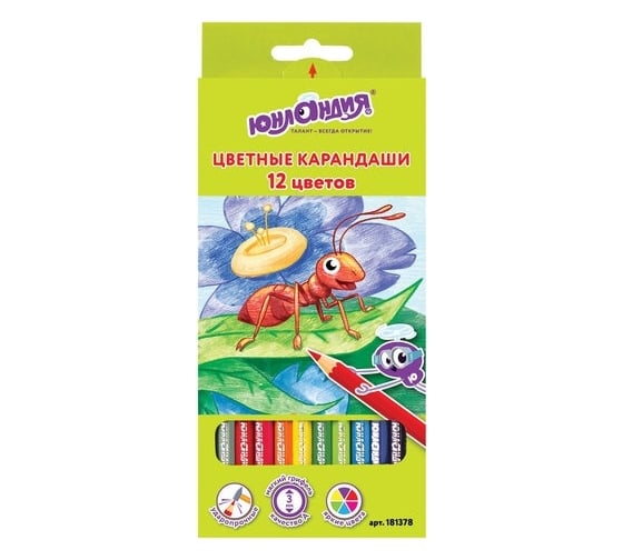 Изображение товара Цветные карандаши ЮНЛАНДИЯ В ГОСТЯХ У БУКАШЕК, 12 цветов, заточенные 181378