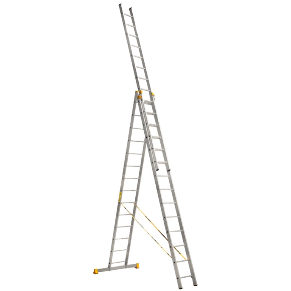 Алюминиевая трехсекционная лестница Алюмет лестница трехсекционная алюмет h3 5309 количество ступеней 3х9