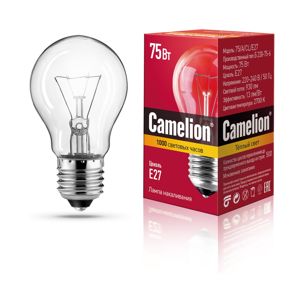 Изображение товара Электрическая лампа накаливания Camelion 75 Вт E27 прозрачная грушевидная