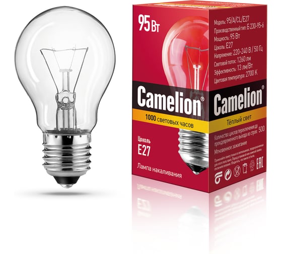 Изображение товара Электрическая лампа накаливания с прозрачной колбой Camelion 95/A/CL/E27, 10279
