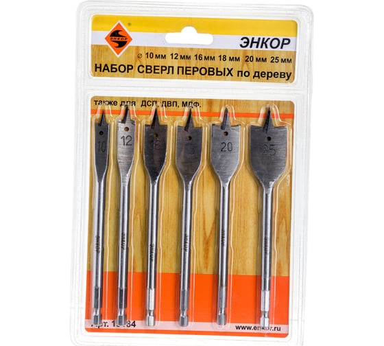 Изображение товара Набор сверл перовых (6 шт; 10-25х152 мм) по дереву Энкор 19184