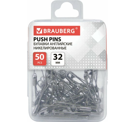 Изображение товара Никелированные английские булавки BRAUBERG 32 мм, 50 шт, в пластиковой коробке с европодвесом 223970