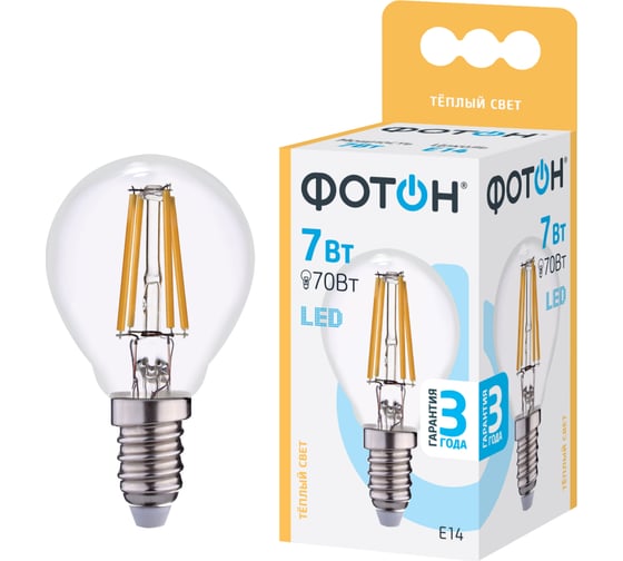 Изображение товара Светодиодная филаментная лампа ФОТОН LED FL P45 7W E14 3000K 22818