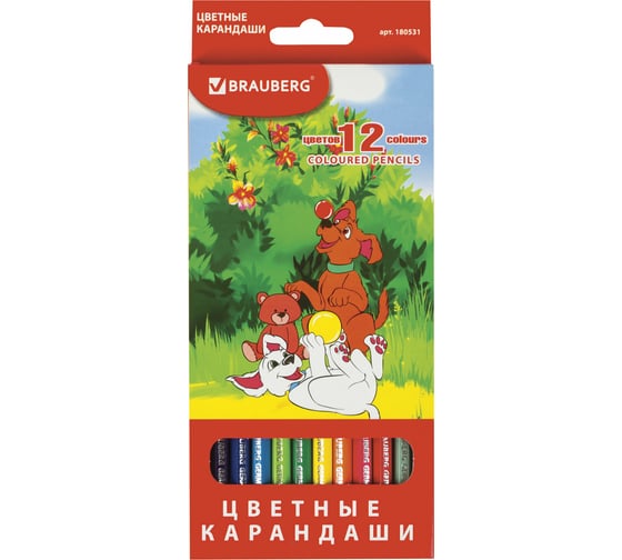 Изображение товара Цветные карандаши BRAUBERG My lovely dogs, 12 цветов, заточенные, картонная упаковка 180531
