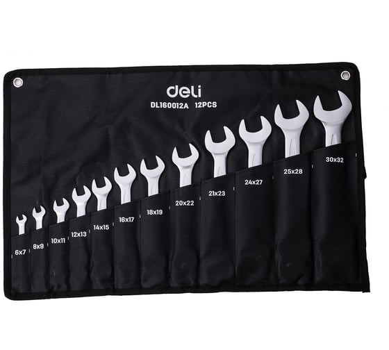 Изображение товара Набор двусторонних гаечных ключей DELI 10-32мм /12 шт DL160012A (Сталь 40Cr, чехол из ткани oxford) 98323